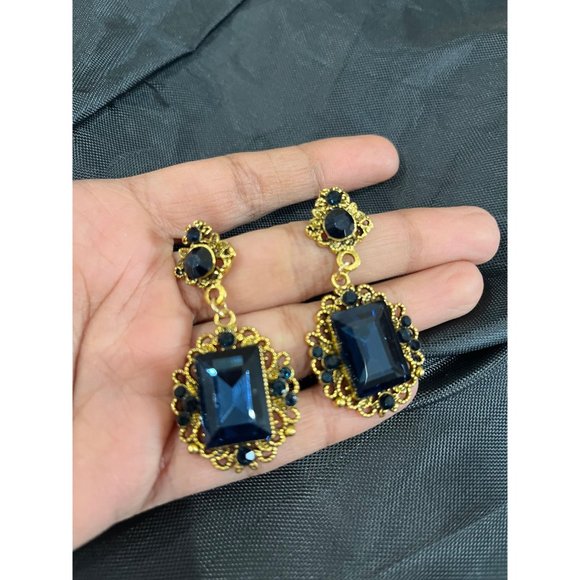 navy blue earrings gold chandelier dark blue wedding  navy crystal earrings big - Picture 2 of 7
